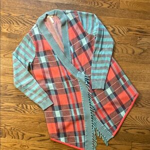 Plaid Open Front Cardigan with Fringe
